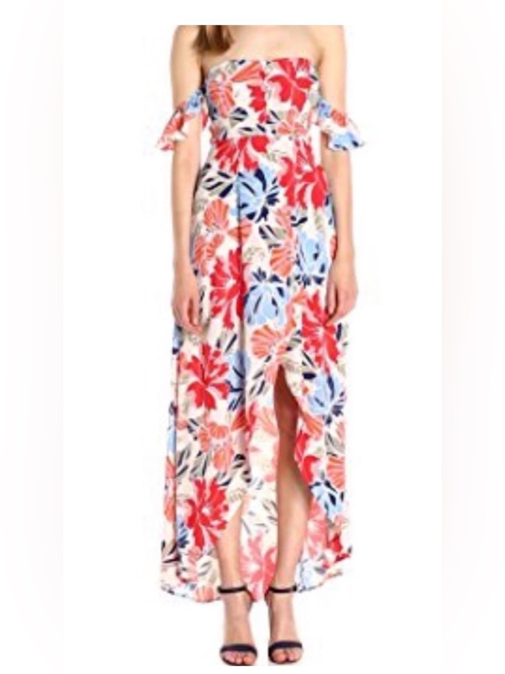 ASTR The Label Coral & Blue Floral Off-Shoulder High-Low Maxi Dress Women Size S
